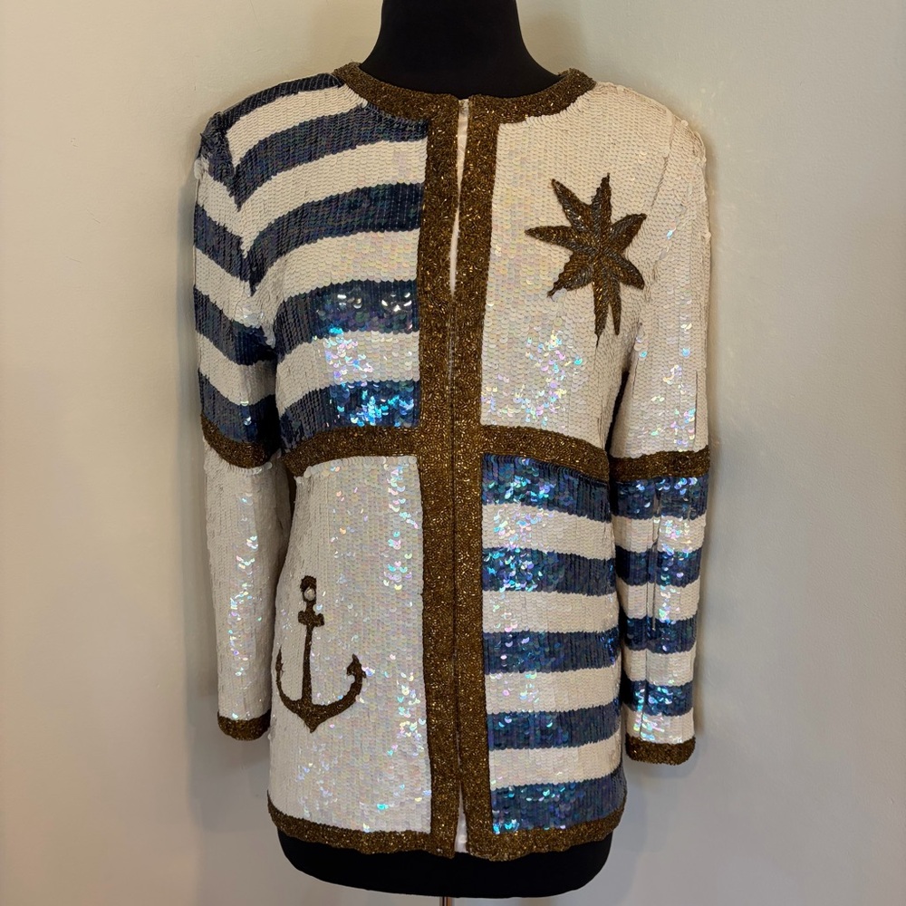 Vintage Scarlet Rage Sequin Nautical Cardigan Anchor Stripe Star Jacket M